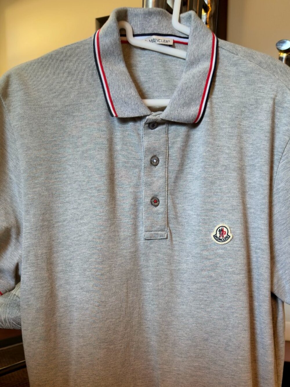 Moncler Maglia Polo Light Grey Tricolor Trim SS L
